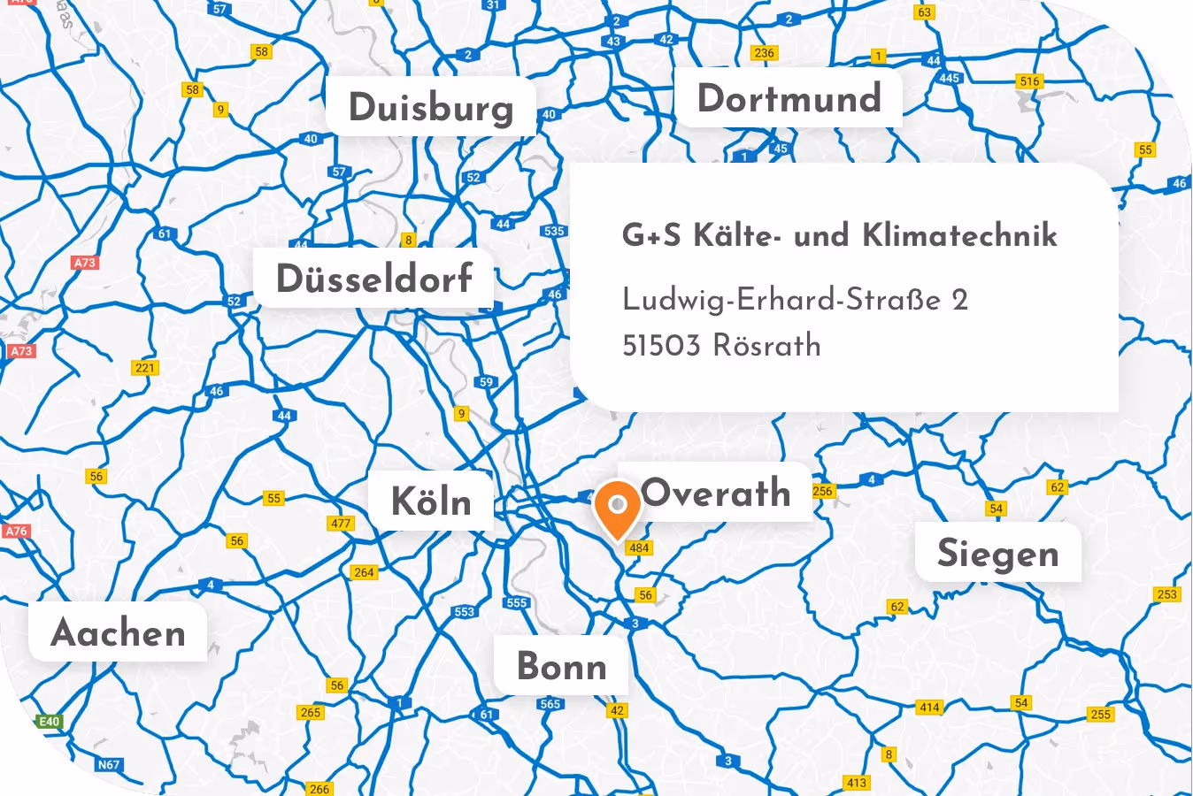 Karte mit Städtenamen und Standort von G+S Kälte- und Klimatechnik in Deutschland.